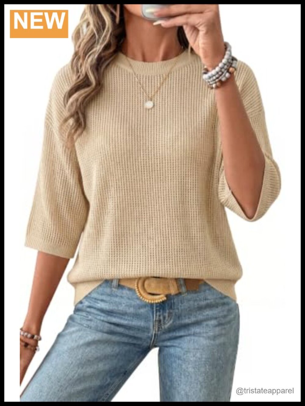 Oversized 3/4 Sleeve Crochet Tops Summer Casual Sweater Cotton Pullover